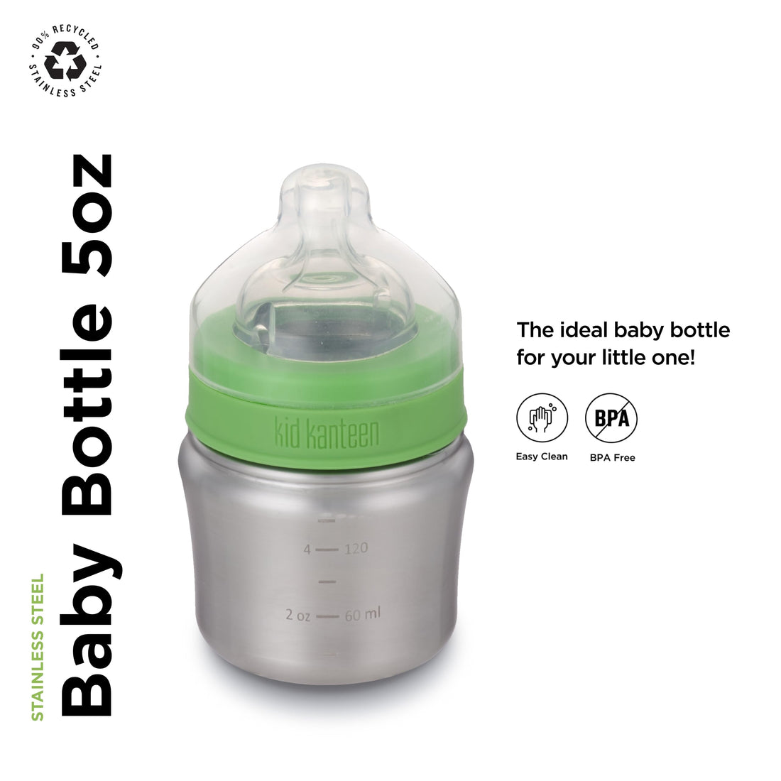 Klean Kanteen Kid Baby Bottle with Lid, Brushed Stainless, One Size/5 oz