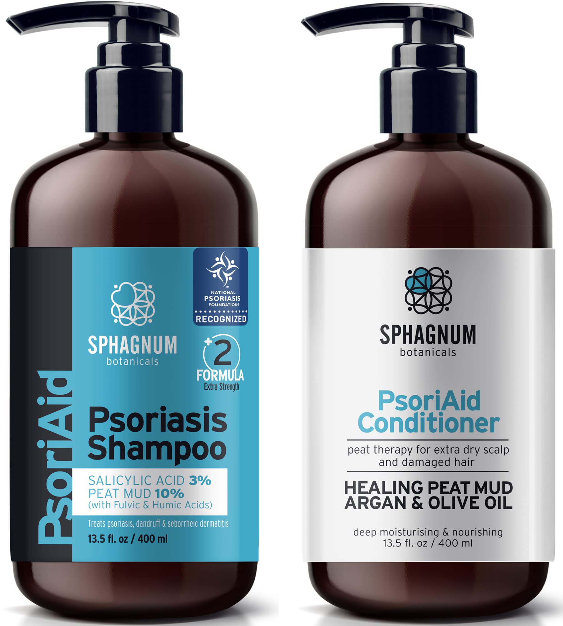 Sphagnum Botanicals Medicated Psoriasis Shampoo and Conditioner Set - Salicylic Acid 3% and Peat Mud Shampoo together with Argan and Olive Oil Condtioner. 2 x 13.5 fl. Oz