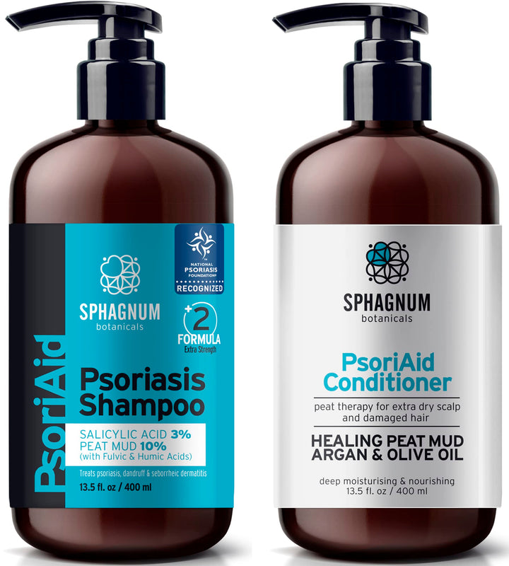 Sphagnum Botanicals Medicated Psoriasis Shampoo and Conditioner Set - Salicylic Acid 3% and Peat Mud Shampoo together with Argan and Olive Oil Condtioner. 2 x 13.5 fl. Oz