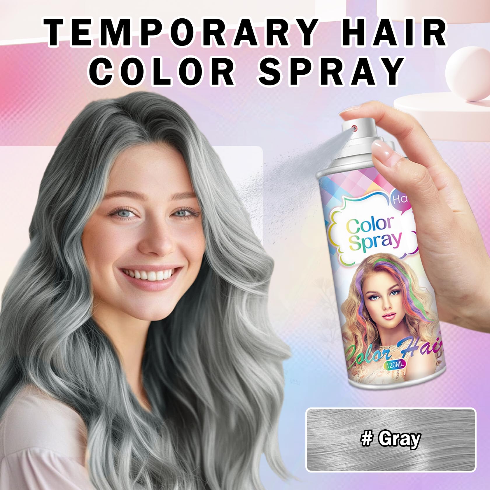 DAMUSI Gray Hair Spray Color Temporary, One-time Use Washable Temporary Hair Dye Spray for Women Kids, 120ML (Gray)