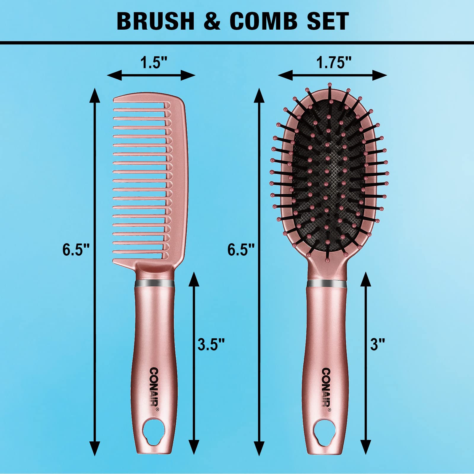 Conair Detangle & Style hair brush set - wide tooth comb and travel hair brush - Detangling Brush and Comb Set - Color at random - 2 Count