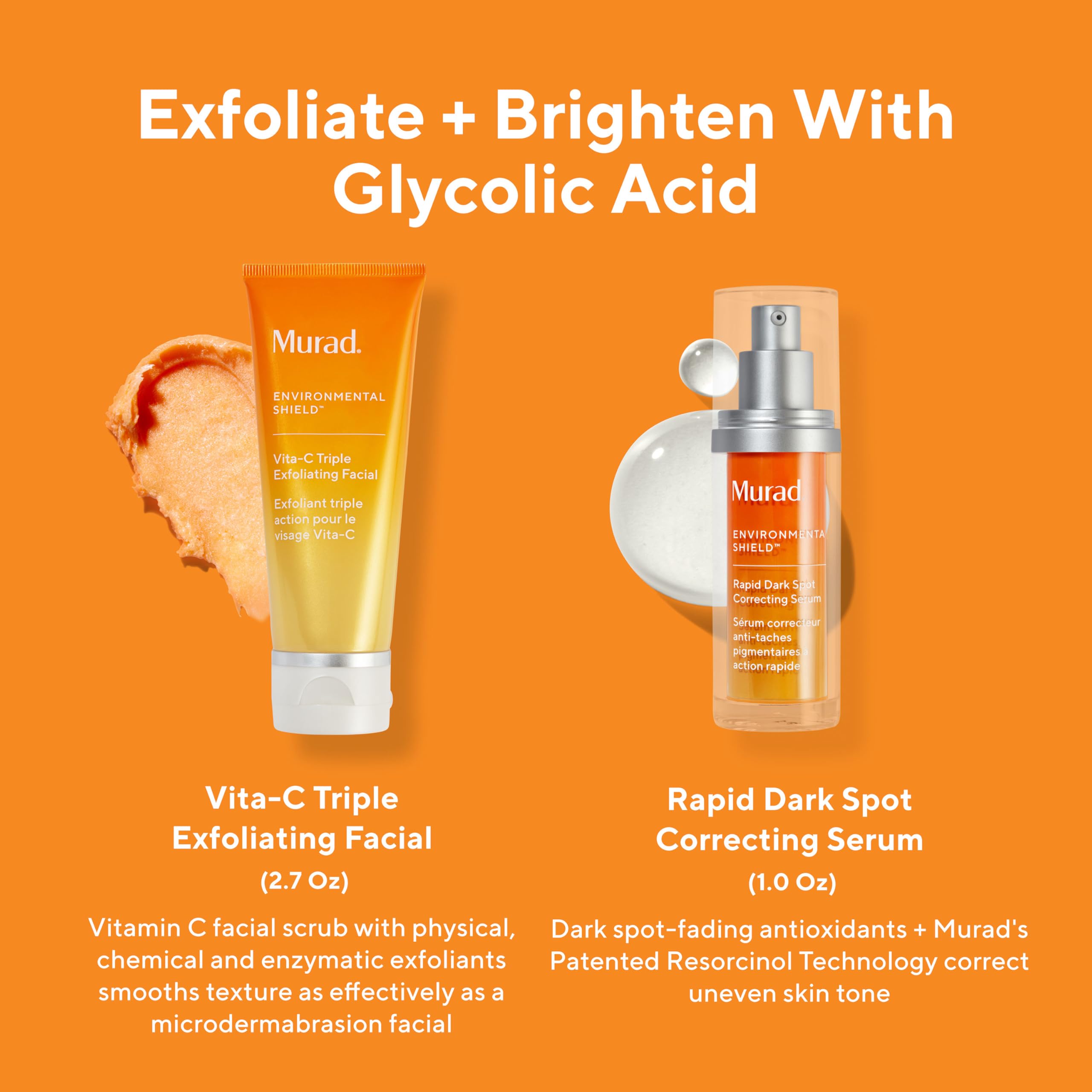 Murad Exfoliate + Brighten w/ Glycolic Acid - 2-Piece Gift Set ($171 Value) - Microdermabrasion-like facial for smoother skin and dark spots - Vita-C Cleanser 2.7Fl Oz, Rapid Dark Spot Serum 1.0Fl Oz