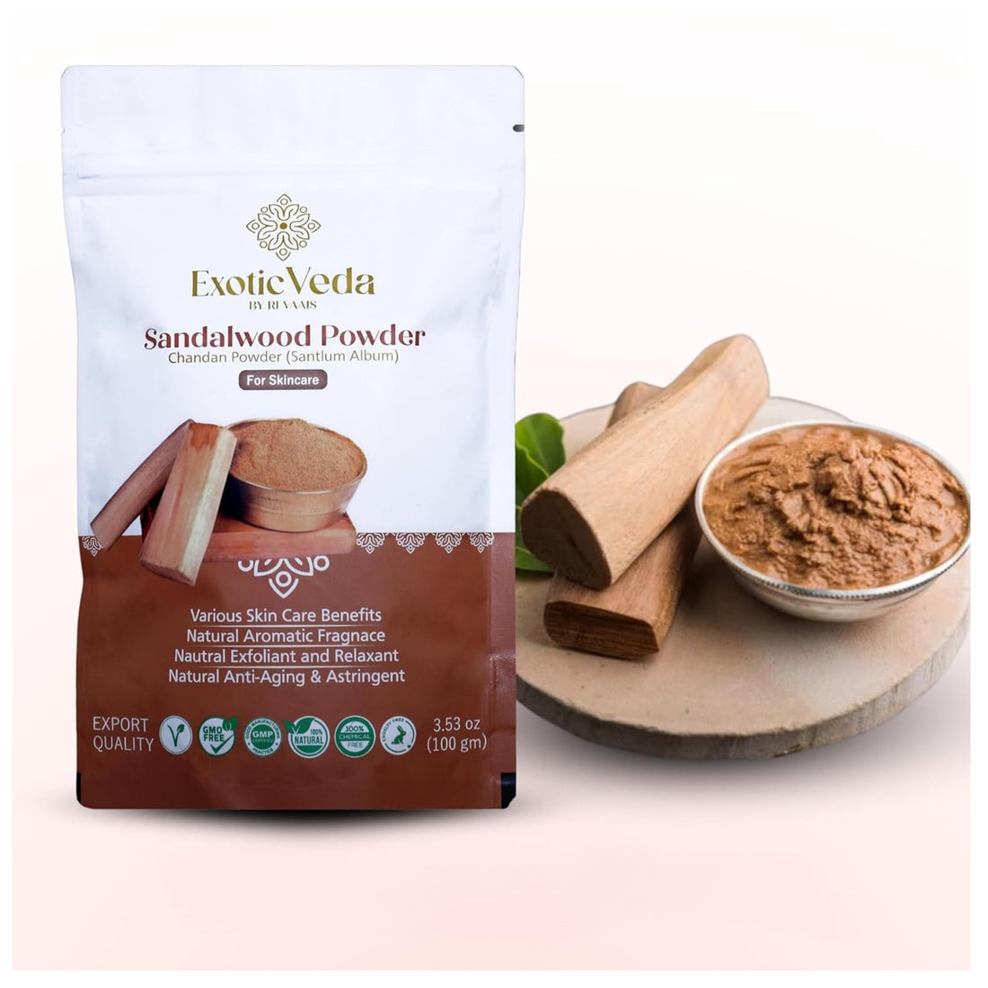 Exotic Veda Pure Sandalwood Powder for Face and Skin | Natural Skincare Chandan Scent Powder | Aromatic Sandalwood.