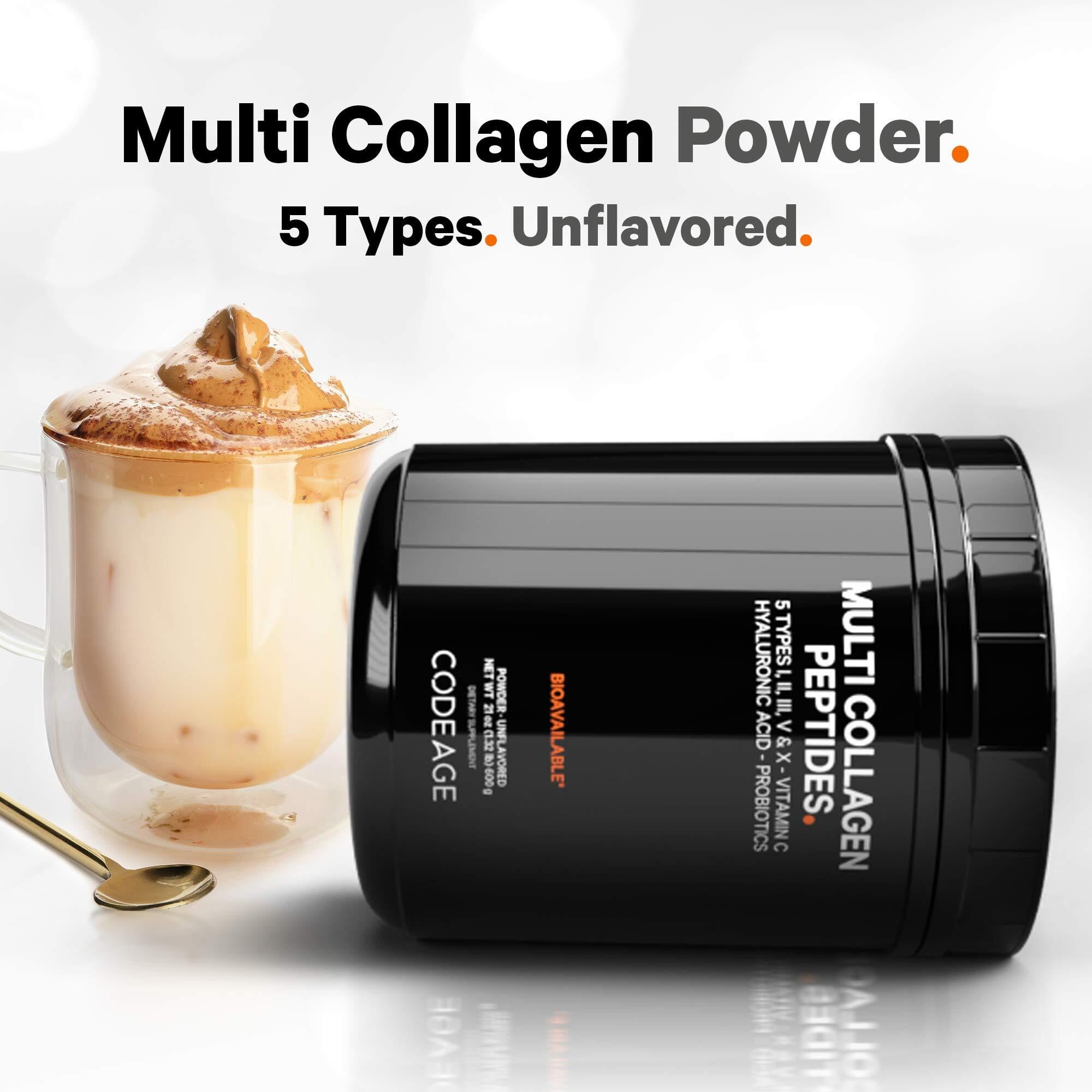 Codeage Multi Collagen Peptides + Probiotics Black Edition, Vitamin C, Hyaluronic Acid Powder Supplement, Grass-Fed, Pasture-Raised, Hydrolyzed, Zero Carbs, Type I, II, III, V & X, Unflavored, 21oz