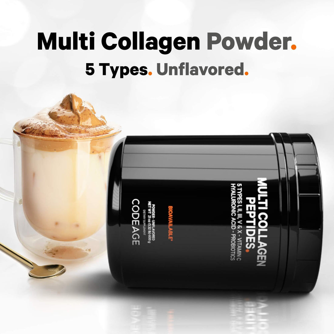 Codeage Multi Collagen Peptides + Probiotics Black Edition, Vitamin C, Hyaluronic Acid Powder Supplement, Grass-Fed, Pasture-Raised, Hydrolyzed, Zero Carbs, Type I, II, III, V & X, Unflavored, 21oz