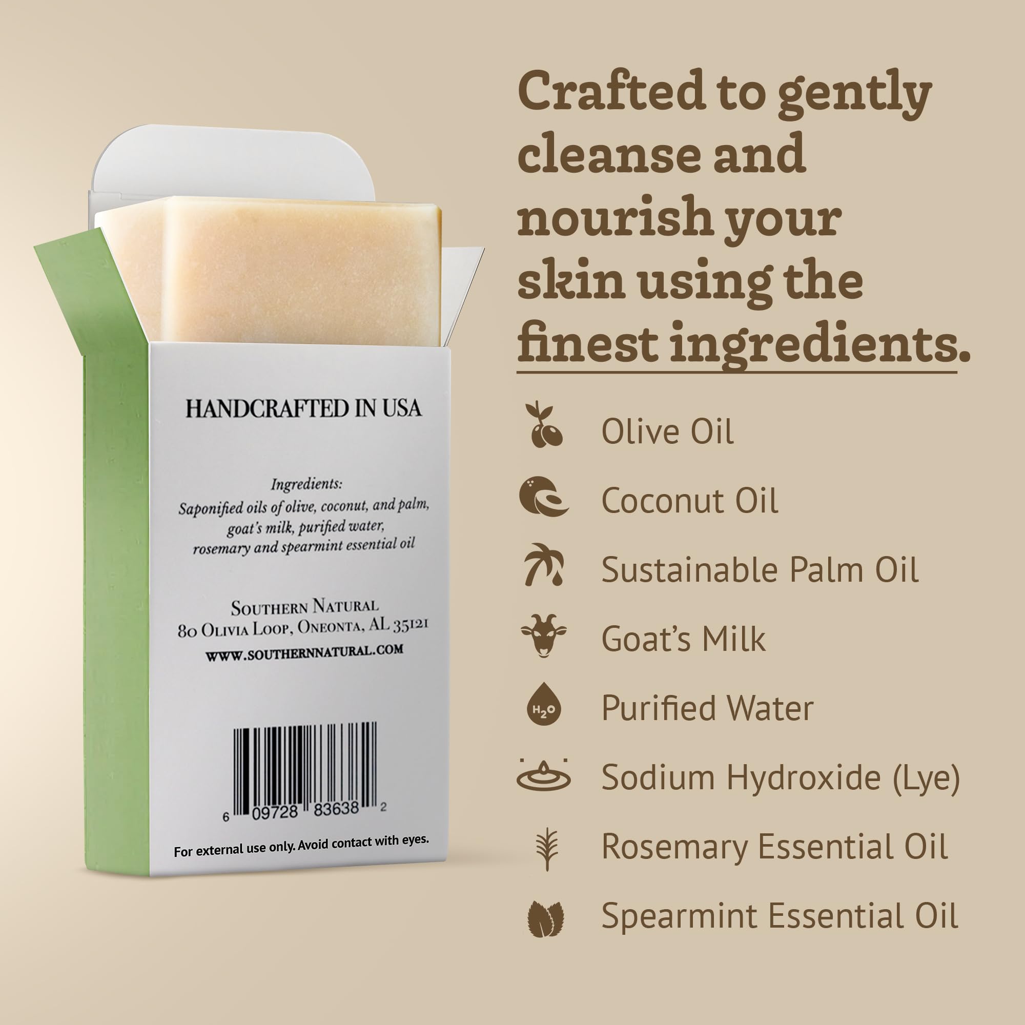 Southern Natural Goat Milk Soap Bar- Rosemary Mint - For Dry Sensitive Skin. Natural Handmade Soap For Men, Women, Kids & Baby. Great For Face and Body.