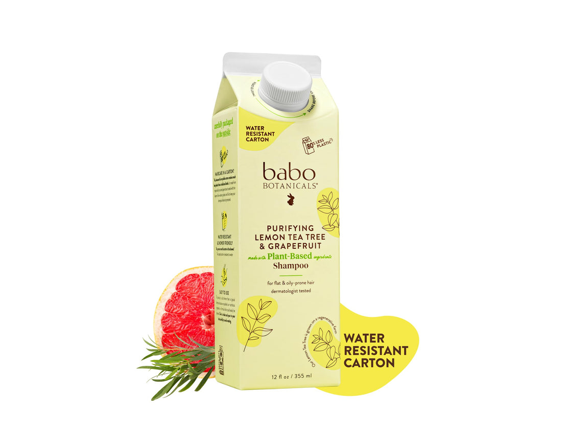 Babo Botanicals Purifying Lemon Tea Tree & Grapefruit Shampoo – For Flat, Oily Prone Hair – Add body & shine - Passion Fruit Ferment for scalp - Water-Resistant Carton w. 80% Less Plastic – Vegan