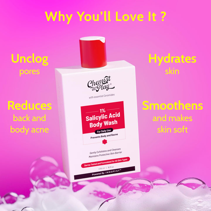 Chemist at Play 1% Salicylic Acid Body Wash Helps Prevent Back & Body Acne Smoothens Bumpy Texture | For Sweaty Oily Normal And Dry Skin | Paraben And SLS Free Suitable For Men And Women (7.9 Ounce)