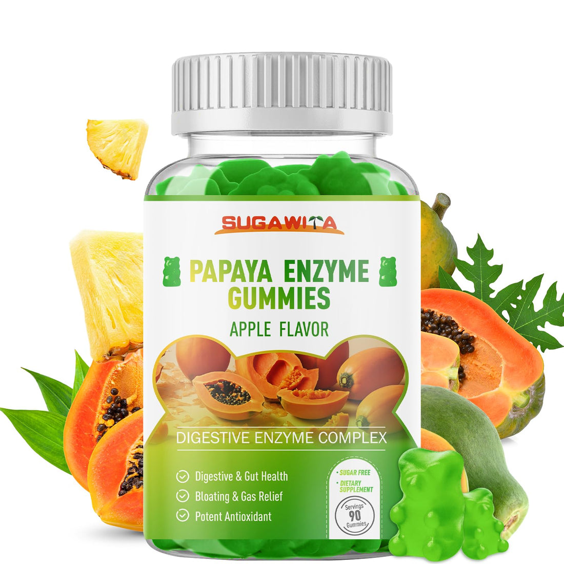 SUGAWITA Papaya Digestive Enzymes Gummies, Chewable Enzymes for Digestion, Papaya Supplement for Women Men with Amylase, Papain & Bromelain for Bloating Relief, 90 Count