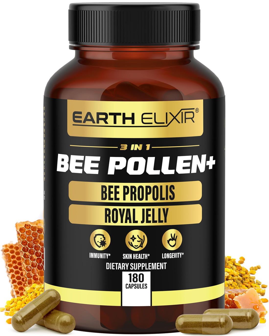 Earth Elixir 3-in-1 Bee Pollen Organic 840mg (180 Caps) W/ 840mg Bee Propolis Capsule & 840mg Royal Jelly Capsule - 3rd Party Tested - Bee Pollen Supplement - Organic Bee Pollen Capsule -No Fillers