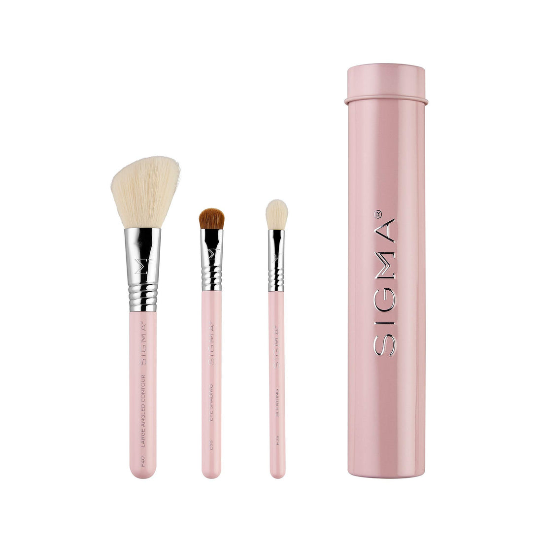 Sigma Beauty Travel Essential Trio Makeup Brush Set for Foundation Powder Eyeshadow, 3 Tool Brushes with Brush Tin Holder, Light Pink