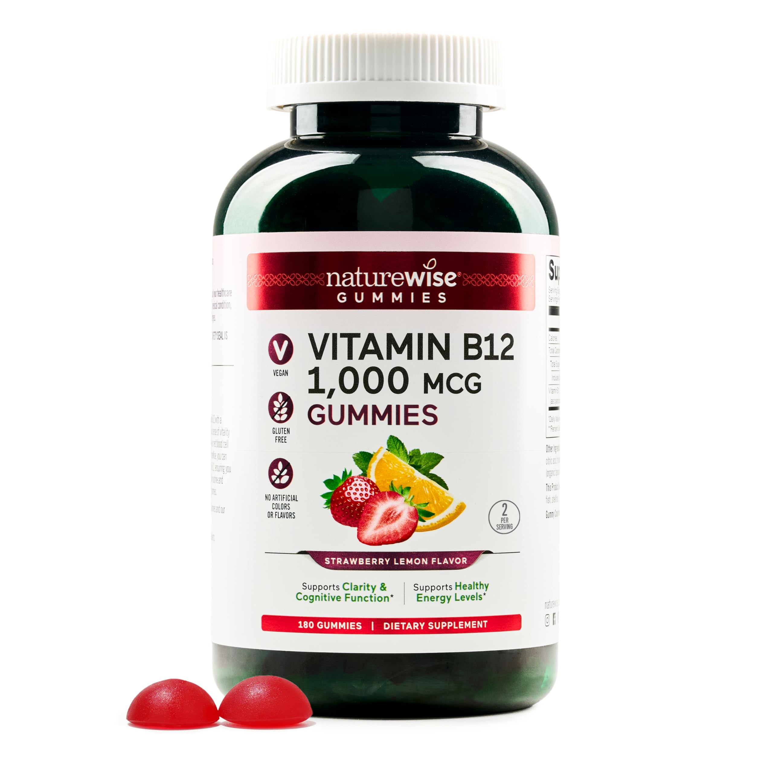 NatureWise Vitamin B12 Gummies for Adults, 1000 mcg - Strawberry Lemon Flavor - Supports Daily Energy, Mental Clarity, Cognitive Function - Vegan, Gluten-Free, Non-GMO - 180 Count[3-Month Supply]