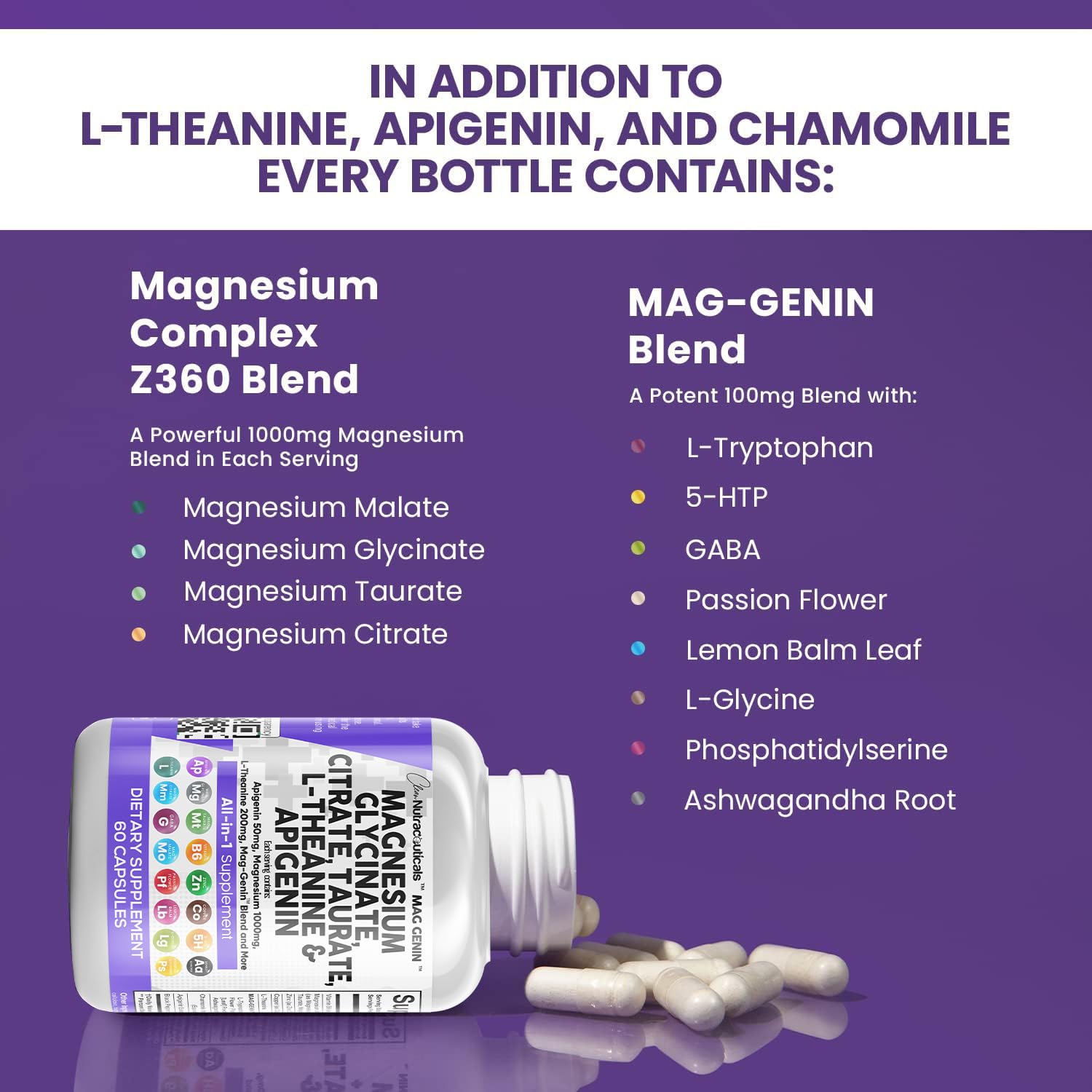 Clean Nutraceuticals Magnesium Glycinate Complex 1000mg with L-Theanine 200mg Apigenin 50mg Citrate Taurate Supplement - 5-HTP GABA Passion Flower Lemon Balm L-Glycine Phosphatidylserine - 60 Count