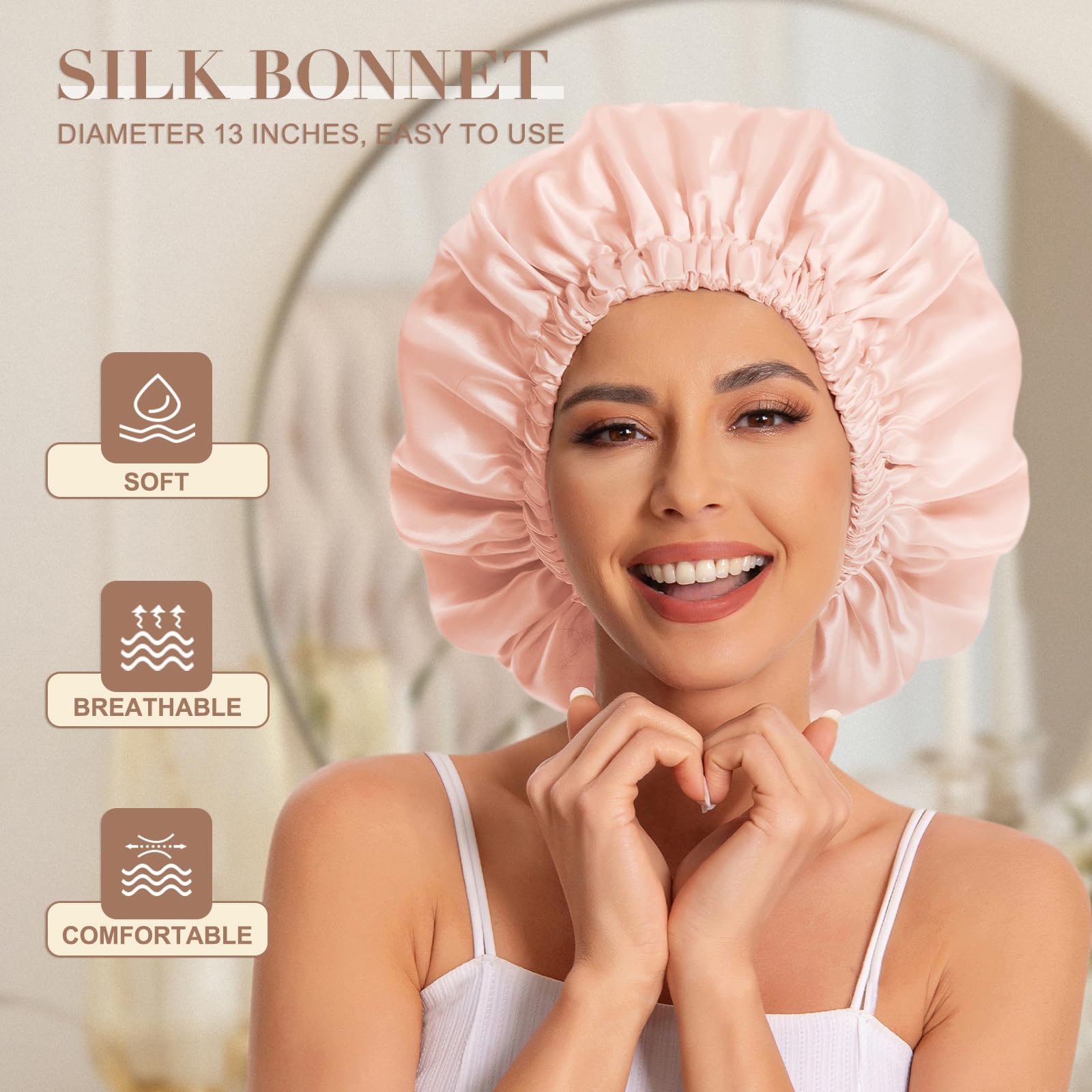 Satin Bonnet Silk Bonnet Hair Bonnet for Sleeping-Slouchy Beanie Hat Satin Sleep Cap for Women's Natural & Curly Hair(Peach Beige)