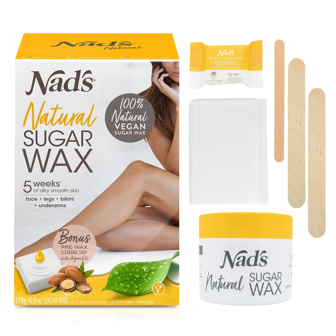 Nad's Wax Hair Removal For Women - Body+Face Wax - All Skin Types - At Home Waxing Kit With 6 Oz Sugar Wax, Cleansing Soap, Wooden Spatula, Re-Usable Cotton Strips