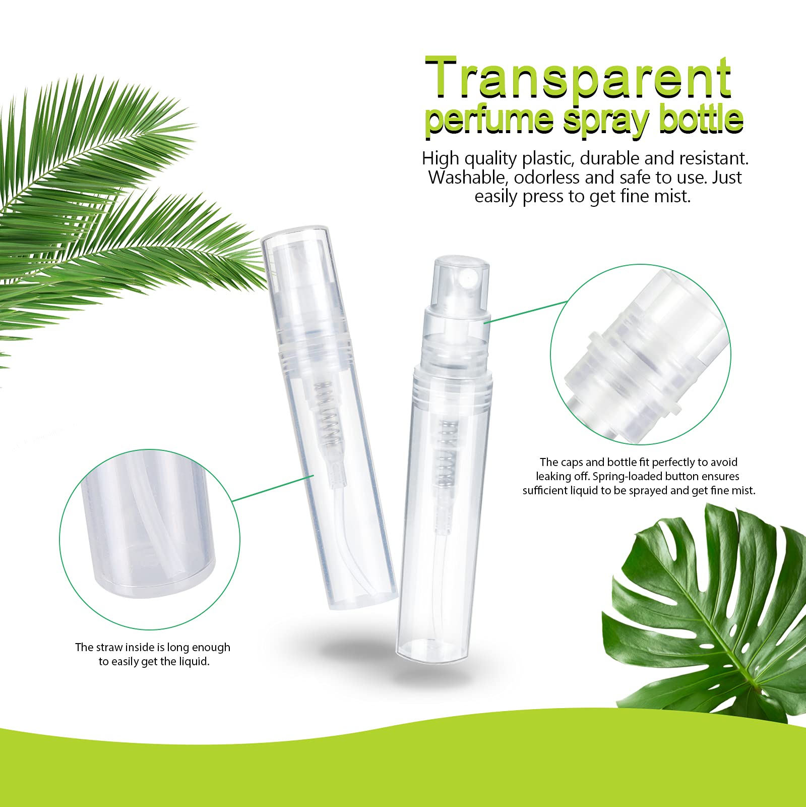 Fandamei 60 Pack 3ml Mini Clear Plastic Spray Bottle Empty Cute Perfume Atomizer for Cleaning, Travel, Essential Oils, Perfume.