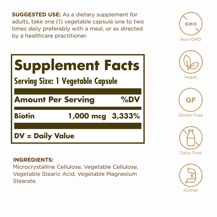 Solgar Biotin 1000 mcg - 250 Vegetable Capsules - Supports Healthy Skin, Nails & Hair - Non-GMO, Vegan, Gluten Free, Dairy Free, Kosher - 250 Servings
