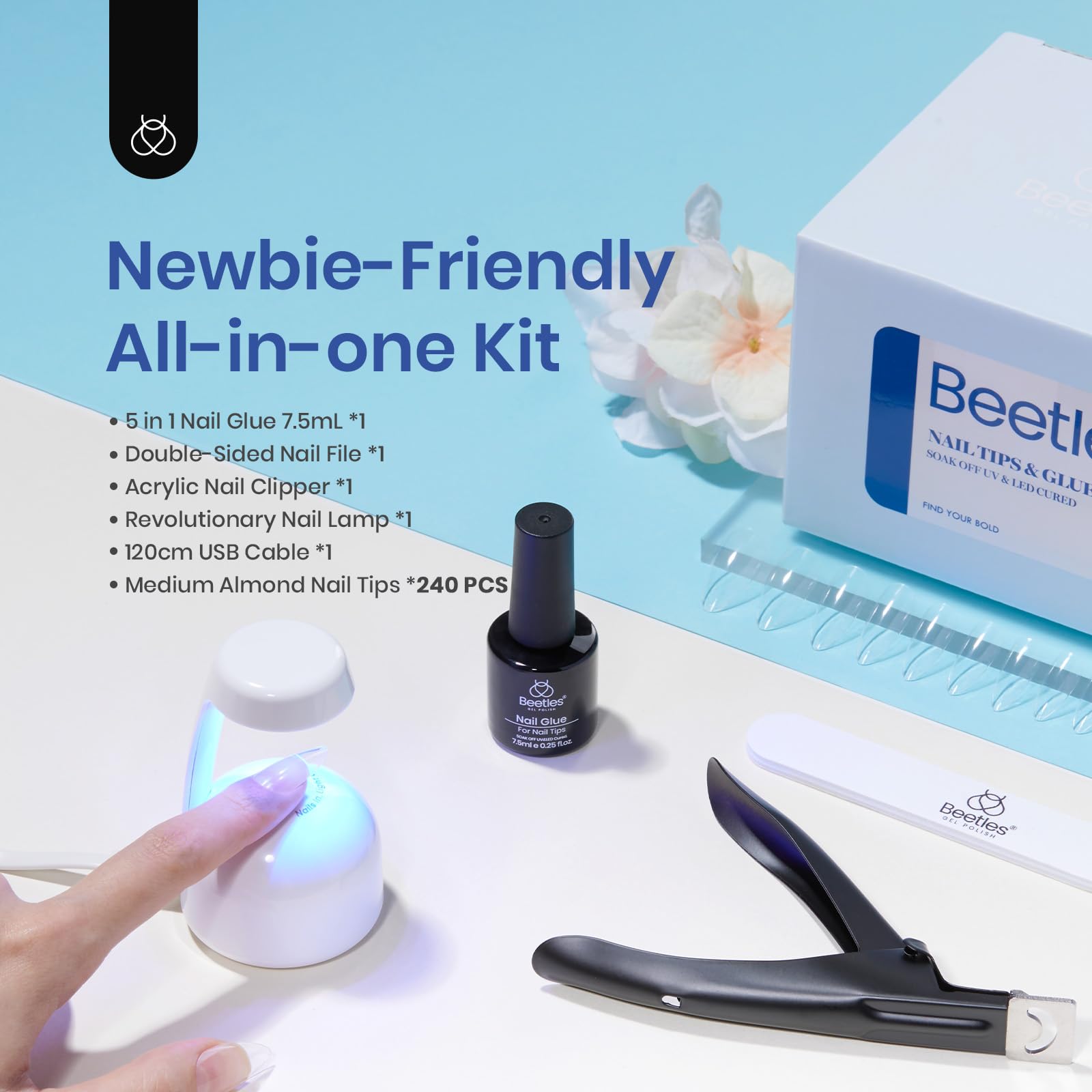 Beetles Gel Nail Kit Almond Nail Tips Easy Nail Extension Set 5 In 1 Nail Glue Gel with Pre shaped Medium Almond Nail Tips & UV Nail Lamp Acrylic Nail Clipper DIY Art Gifts for Her