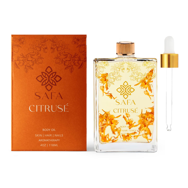 SAFA Citruse Oil - Organic Oil for Face, Hair and Body with Vitamin C, E & A for Scars, Stretch Marks - Orange Oil Fragrance - After Shower Body Oil - All Skin Types Non Comedogenic - 4 Fl Oz