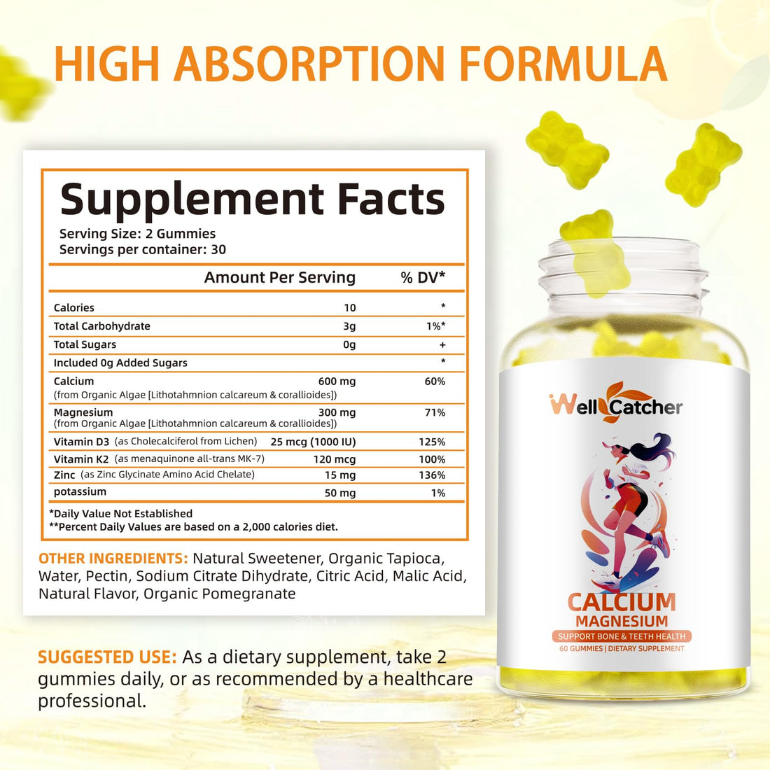 Wellcatcher Calcium Magnesium Gummies Adults Kids - Sugar Free Chewable Vegan Algae Calcium Supplements for Women Men Support Plus Bone Strength with Zinc Potassium Vitamin D3 K2 Lemon Flavor 60CT