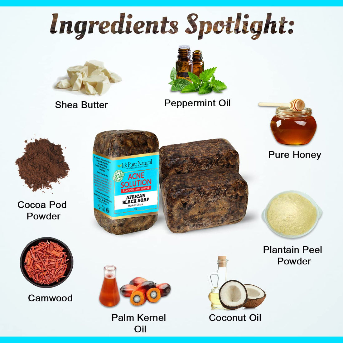 It's Pure Natural African Black Soap Bars with Acne Solution (Pack of 3) Organic Raw Soap for Face & Body, Acne Treatment & Dark Spot Remover [Made in Ghana]