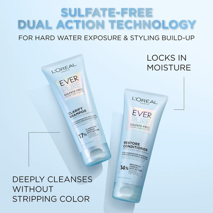 L'OREAL PARIS Clarify Sulfate Free Shampoo with Antioxidants, Clarifying Shampoo for Hard Water Exposure and Styling Build-up, EverPure, 6.8 Fl Oz