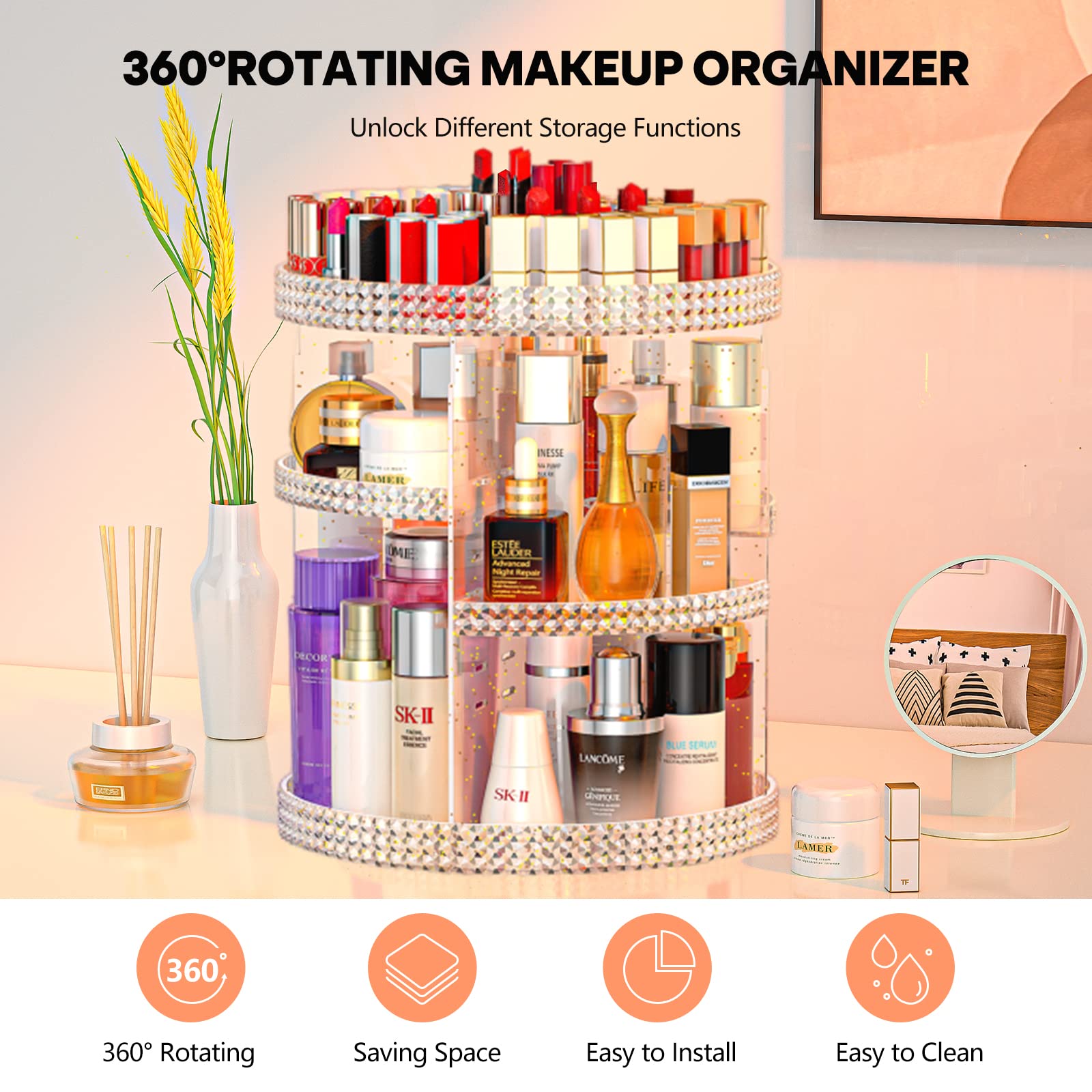 HEMTROY 360 Degree Rotating Makeup Organizer, Extra Large Capacity Organizador De Maquillaje, Removable 7 Layers Lipstick Organizer Cosmetic Storage Cases Perfume Organizer for Vanity (Glitter)