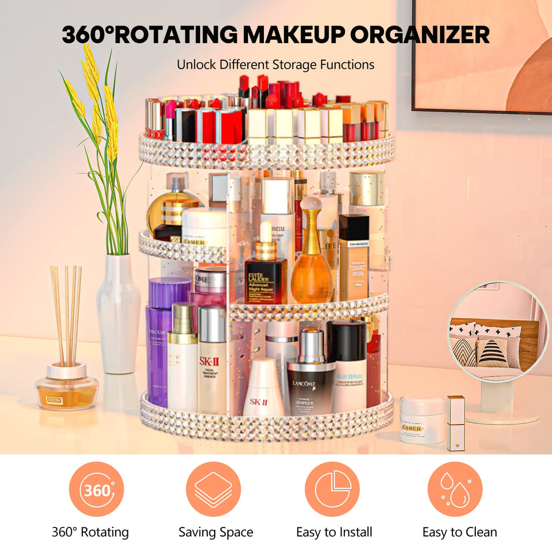 HEMTROY 360 Degree Rotating Makeup Organizer, Extra Large Capacity Organizador De Maquillaje, Removable 7 Layers Lipstick Organizer Cosmetic Storage Cases Perfume Organizer for Vanity (Glitter)