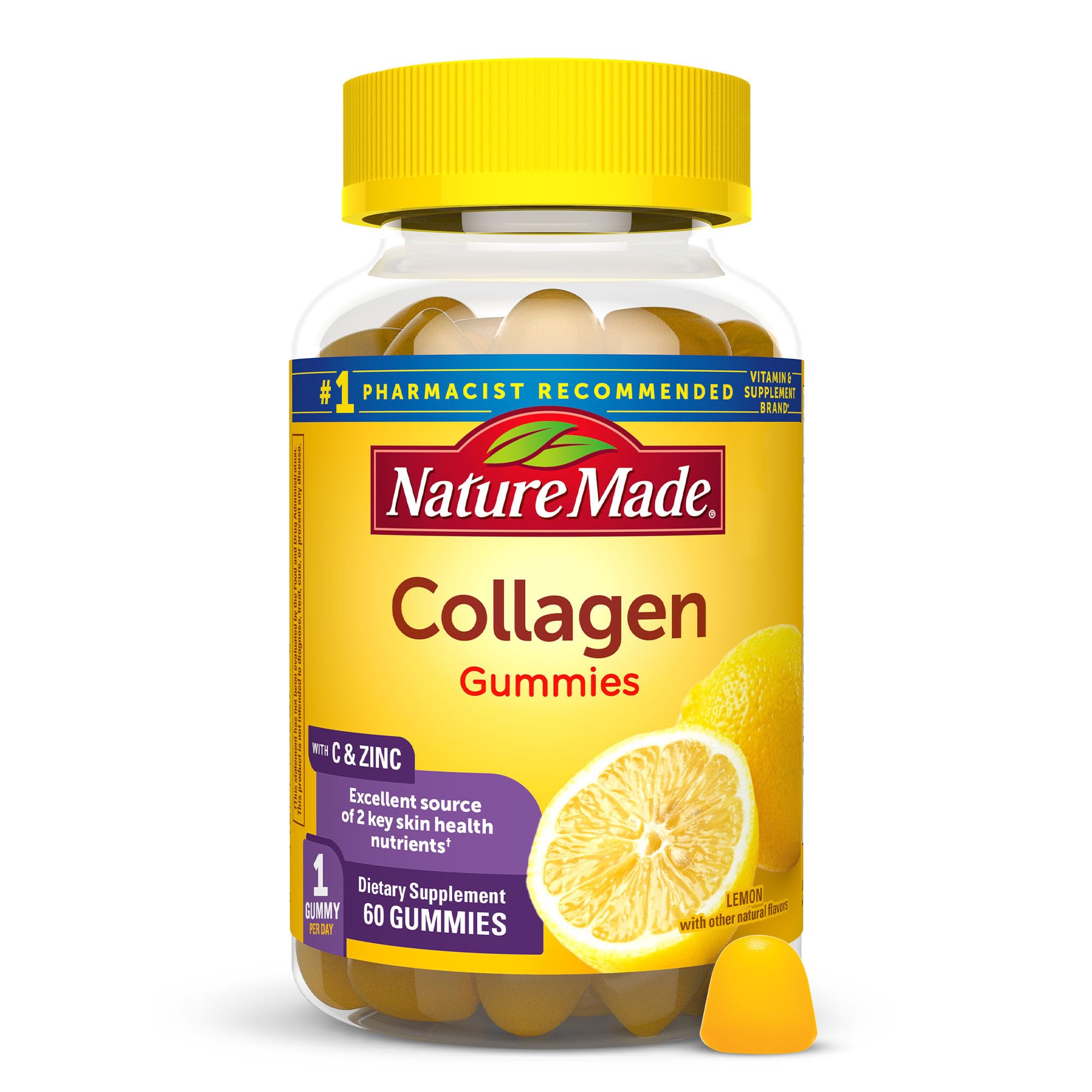 Nature Made Collagen Gummies with Vitamin C, Zinc and Biotin, Hydrolyzed Collagen Peptides Supplement for Healthy Skin Support, 60 Gummies, 60 Day Supply