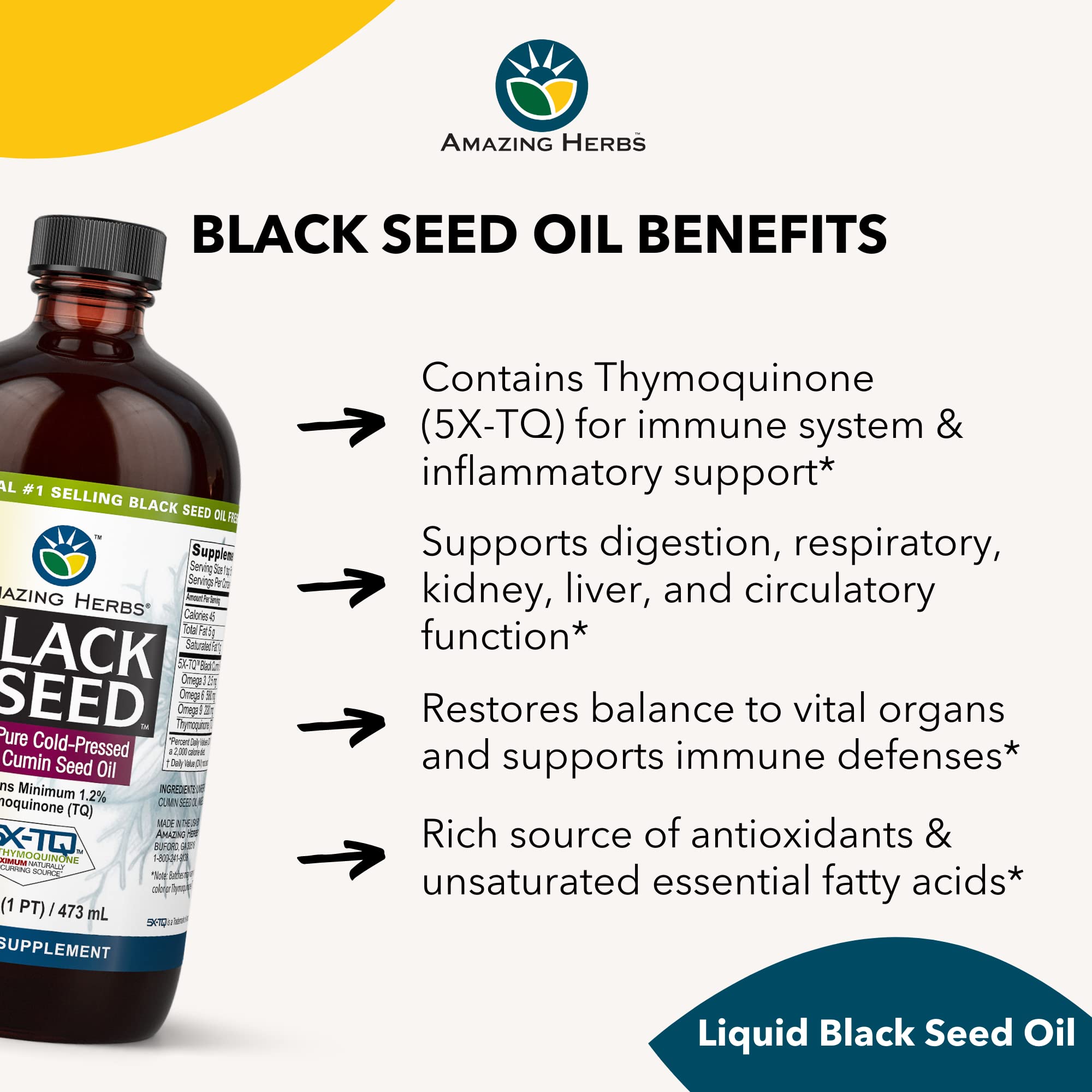 Amazing Herbs Premium Black Seed Oil - Cold Pressed Nigella Sativa Aids in Digestive Health, Immune Support, Brain Function, Joint Mobility, Gluten Free, Non GMO - 16 Fl Oz