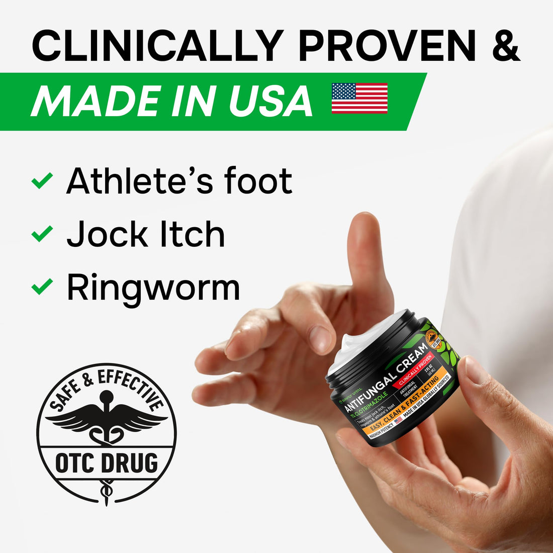Antifungal Cream for Athlete's Foot, Ringworm & Jock Itch - Clotrimazole 1% Made in USA - Extra Strength Ring Worm, Jock Itch Cream, Anti Fungal Athletes Foot Treatment for Humans Skin Fungus - 2 oz