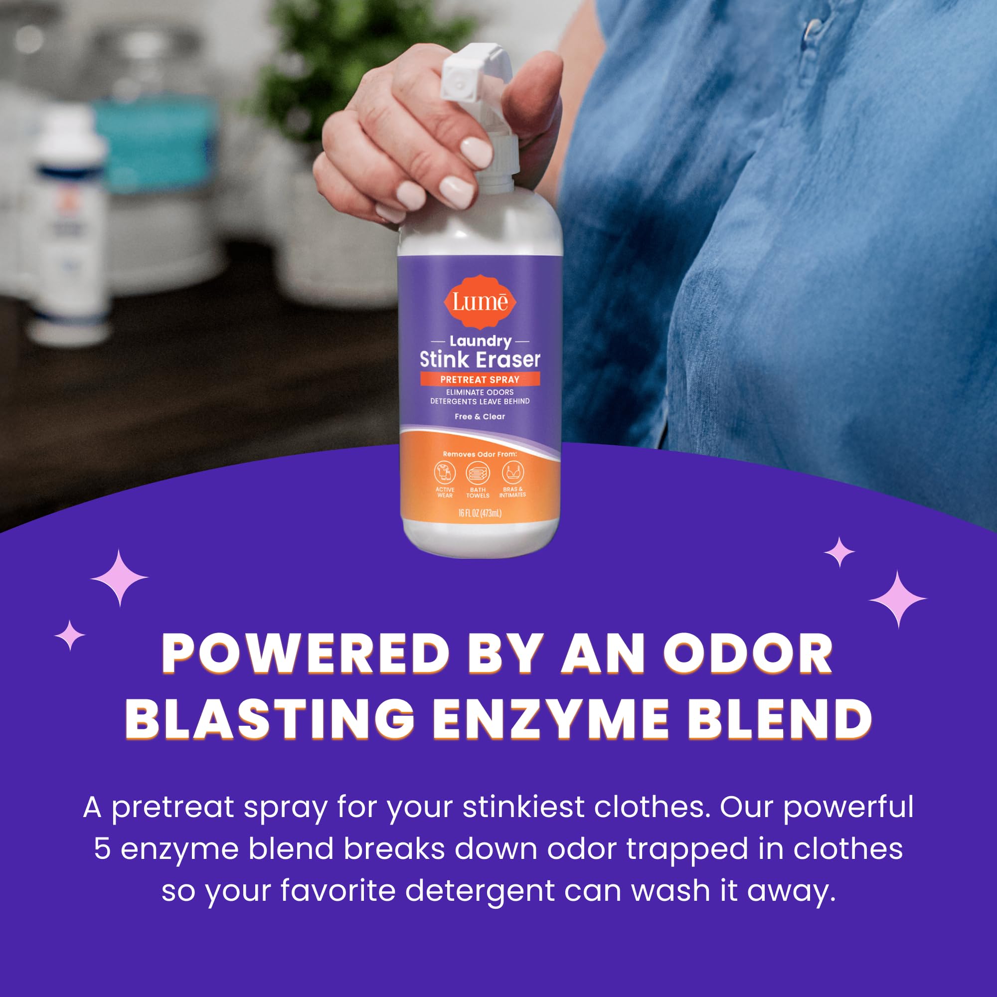 Lume Laundry Stink Eraser - Pretreat Spray & Laundry Brush - Eliminates Body Odor In Clothes - Odor Blasting Enzyme Blend - Makes Your Detergent Work Better - Free And Clear - 16 fluid ounces
