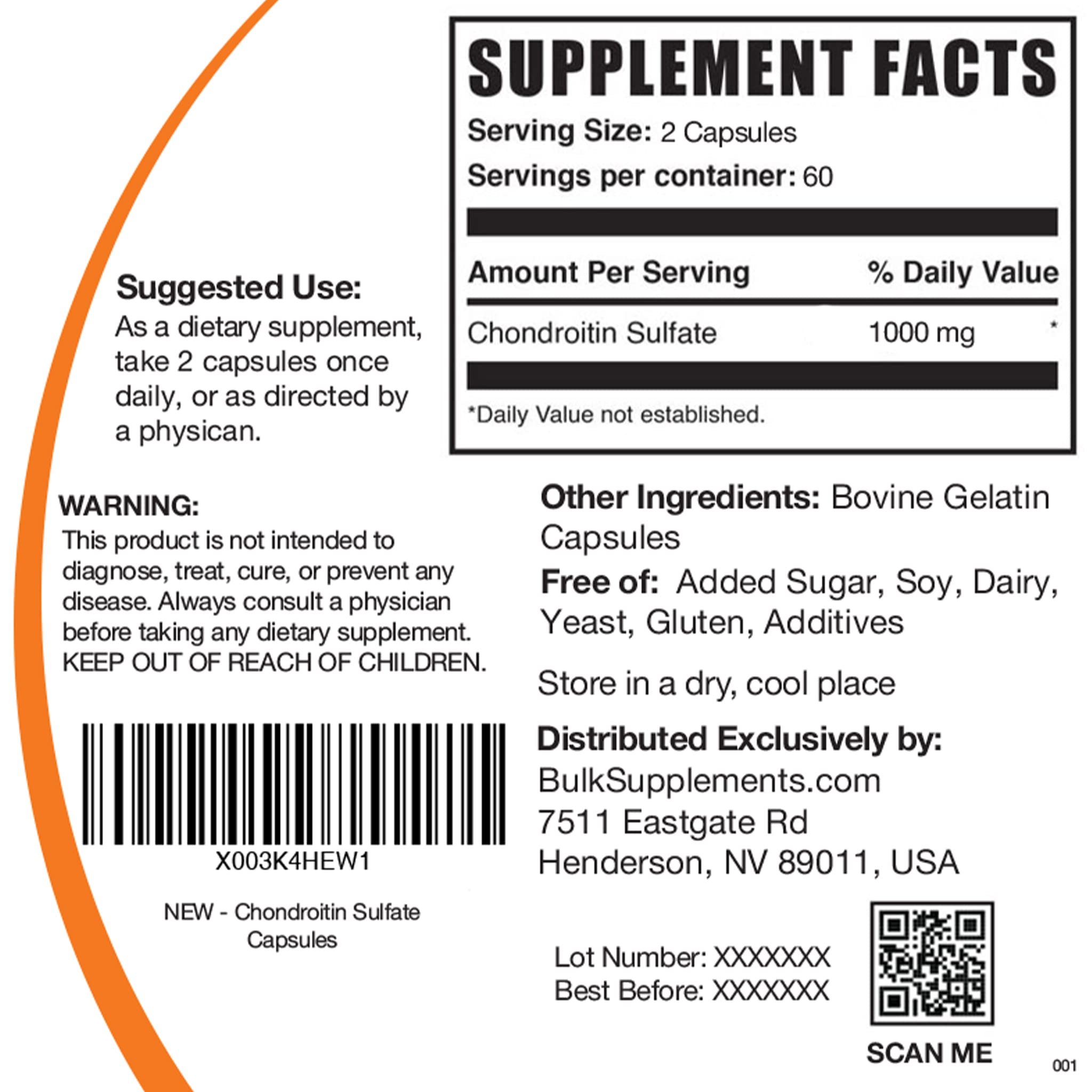 BulkSupplements.com Chondroitin Sulfate Capsules - Chondroitin Sulfate Supplements, Chondrotin Sulfate 1000 mg - Bone & Joint Supplement, Gluten Free, 2 Capsules per Serving, 120 Capsules
