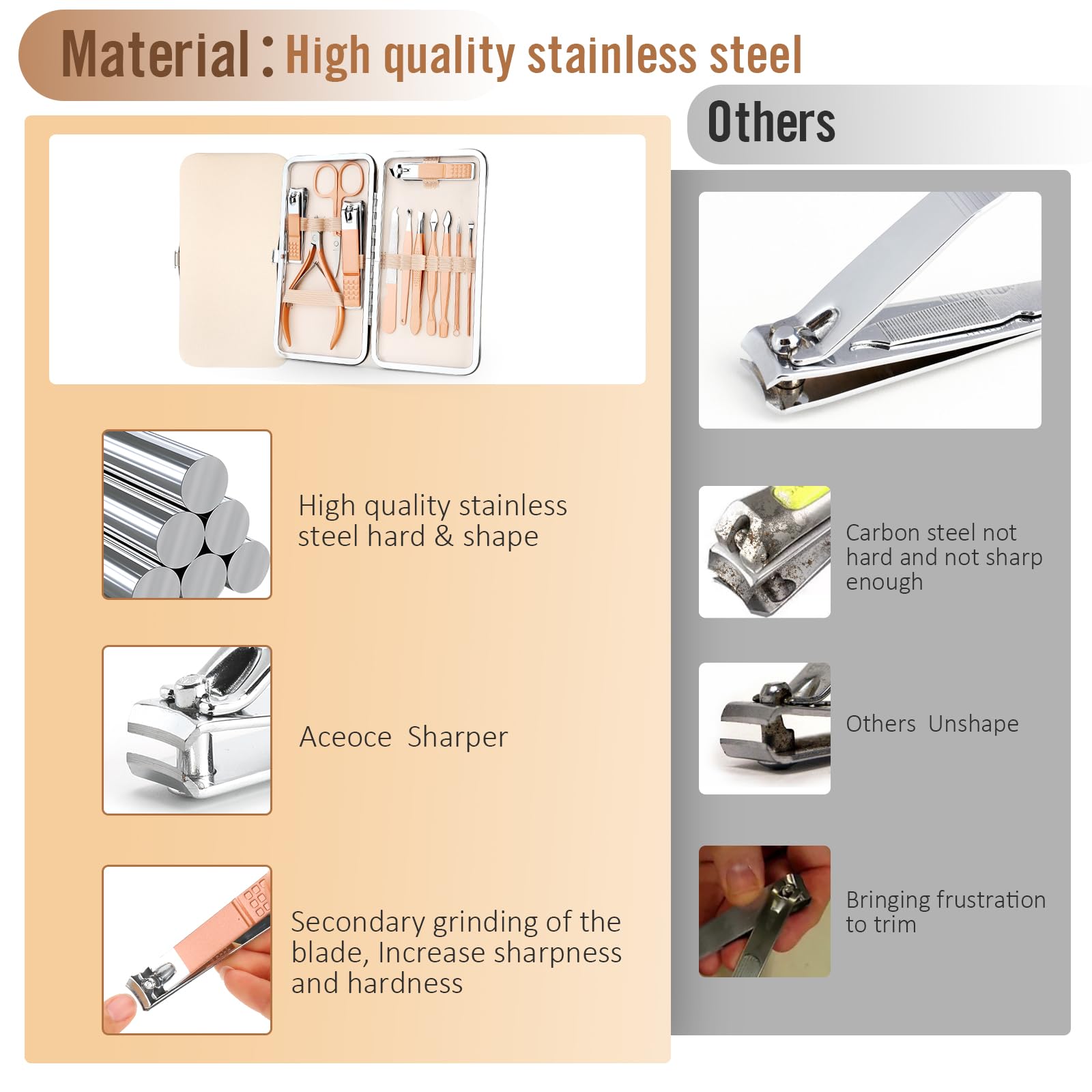 Nail Clippers Set Manicure Pedicure Kit - Manicure Set Women Professional Stainless Steel Pedicure Nail Clipper Tools + Aceoce Travel Luxury 12 In 1 With Grooming Travel Leather (Rose Glod)