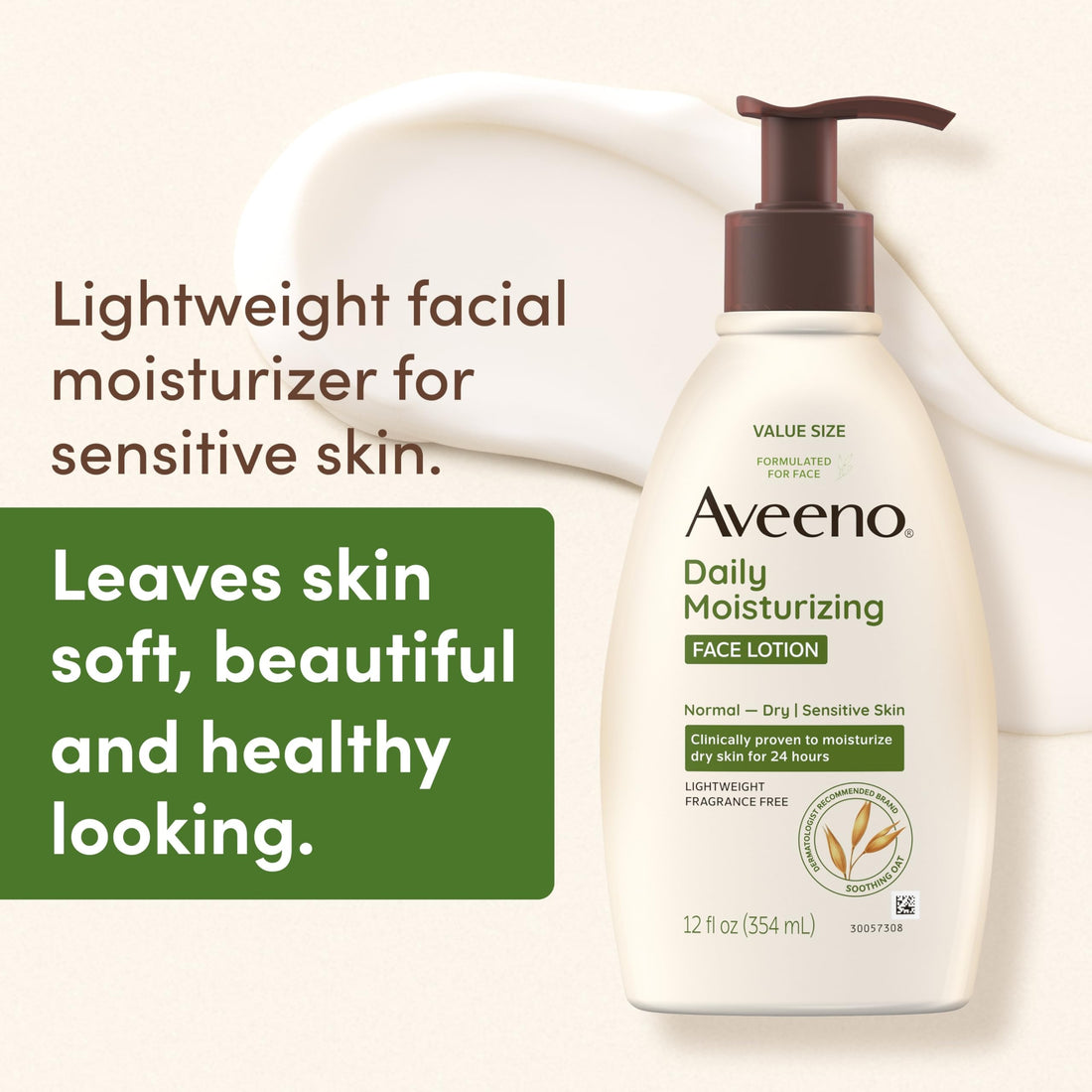 Aveeno Daily Moisturizing Face Lotion with Soothing Prebiotic Oat, Gentle Lotion Nourishes Normal to Dry Skin With Moisture, Facial Lotion for Sensitive Skin, Fragrance-Free, 12 fl. oz