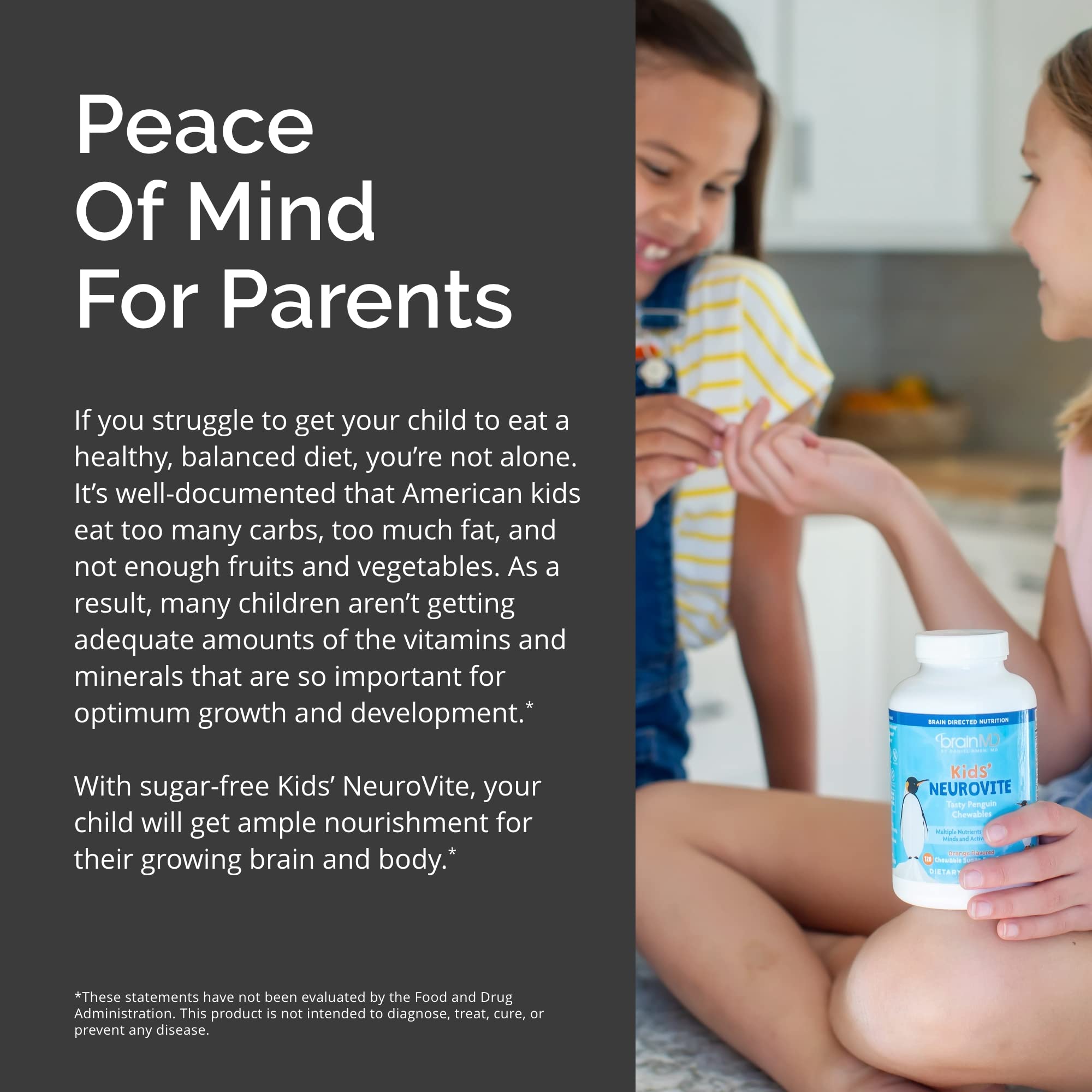 BRAINMD Dr Amen Kids’ NeuroVite, Orange Flavor - 120 Penguin-Shaped Chewables - Multivitamin & Mineral Supplement - Promotes Healthy Development & Growth - Gluten Free - 60 Servings