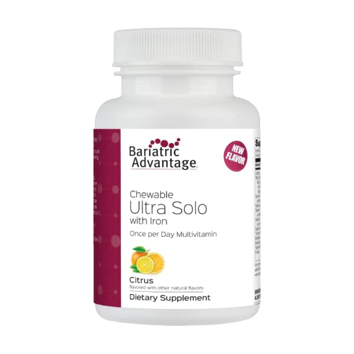 Bariatric Advantage Chewable Ultra Solo with Iron Daily Multivitamin for Gastric Bypass Surgery and Sleeve Gastrectomy Patients, Includes Vitamin B12, C, D, K, Thiamin and Copper - Citrus, 30 Count
