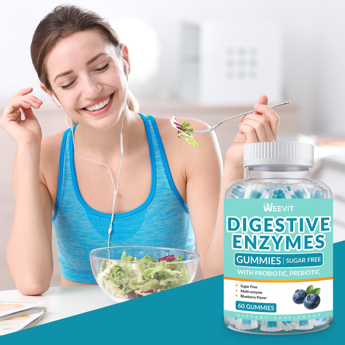 WEEVIT Digestive Enzymes Gummies - 2 Months Supply - Chewable Digestive Enzymes Gummy with Probiotics & Prebiotics Blend for Women Men, Sugar Free | Vegan | Blueberry Flavored (Pack of 2)