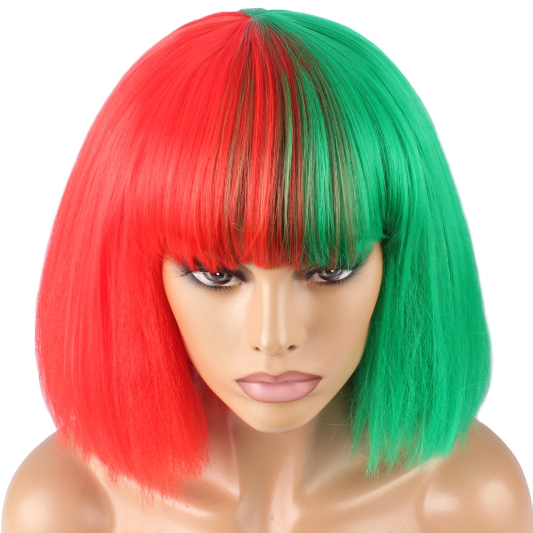 Red And Green: Weken Fashion Wig Women'S Short Bob Kinky Straight Full Bangs Synthetic Hairpieces Red And Green