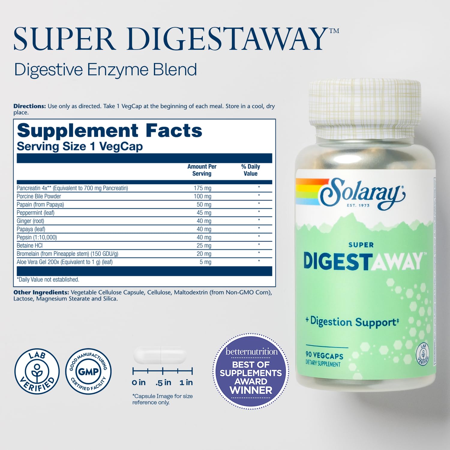 SOLARAY Super Digestaway Digestive Enzymes - Pancreatin, Papain, Ginger, Pepsin, Betaine HCl, Aloe Vera, and More - Digestion & Nutrient Absorption Support - Lab Verified - 90 VegCaps
