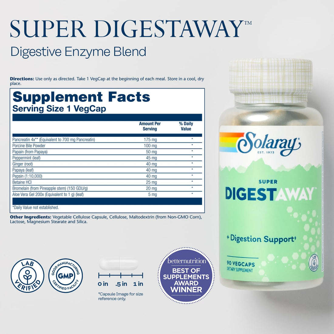 SOLARAY Super Digestaway Digestive Enzymes - Pancreatin, Papain, Ginger, Pepsin, Betaine HCl, Aloe Vera, and More - Digestion & Nutrient Absorption Support - Lab Verified - 90 VegCaps