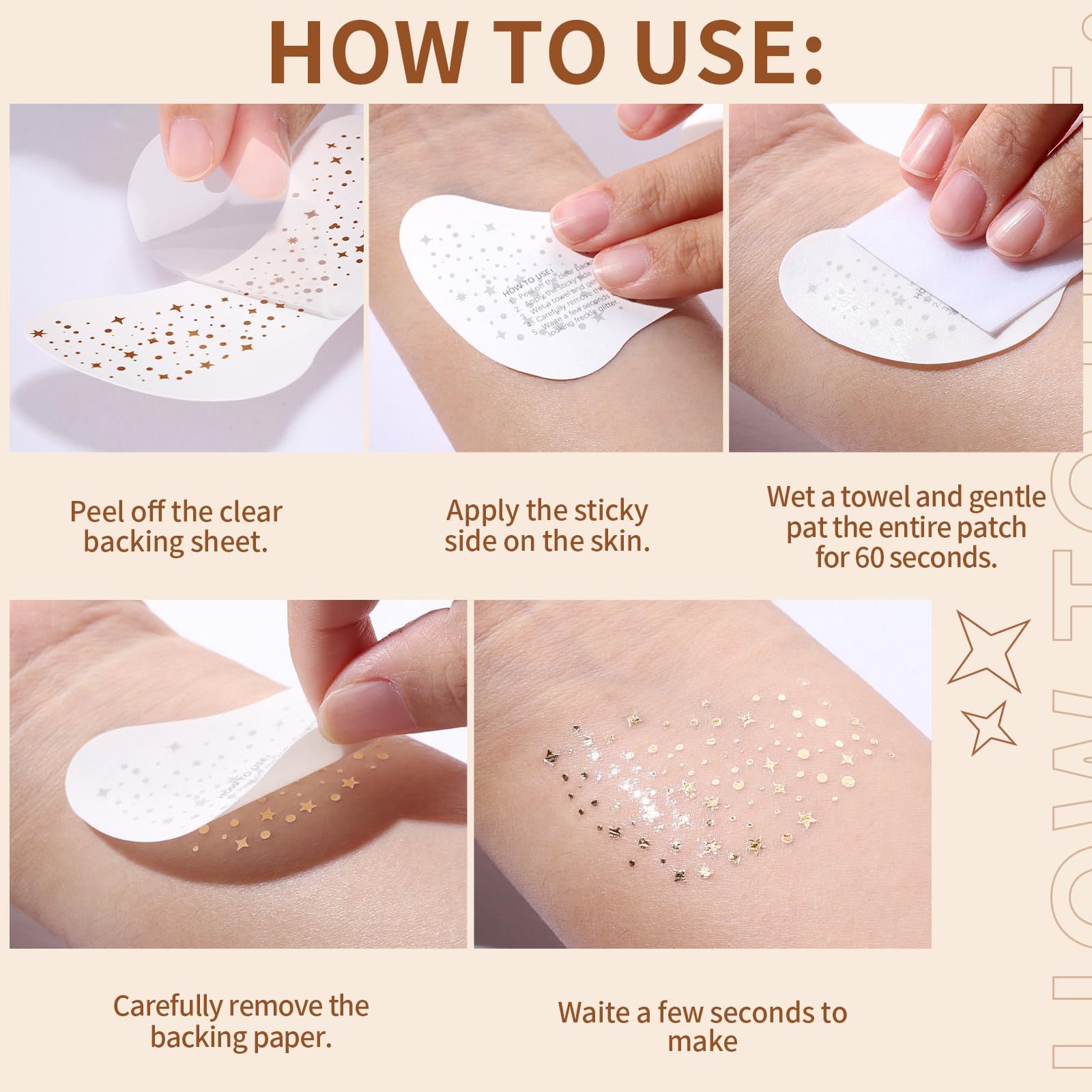 FANDAMEI 6PCS Glitter Freckles Face, Glitter Makeup Speckles. Makeup Patches, Face Speckles for Women, (Gold)