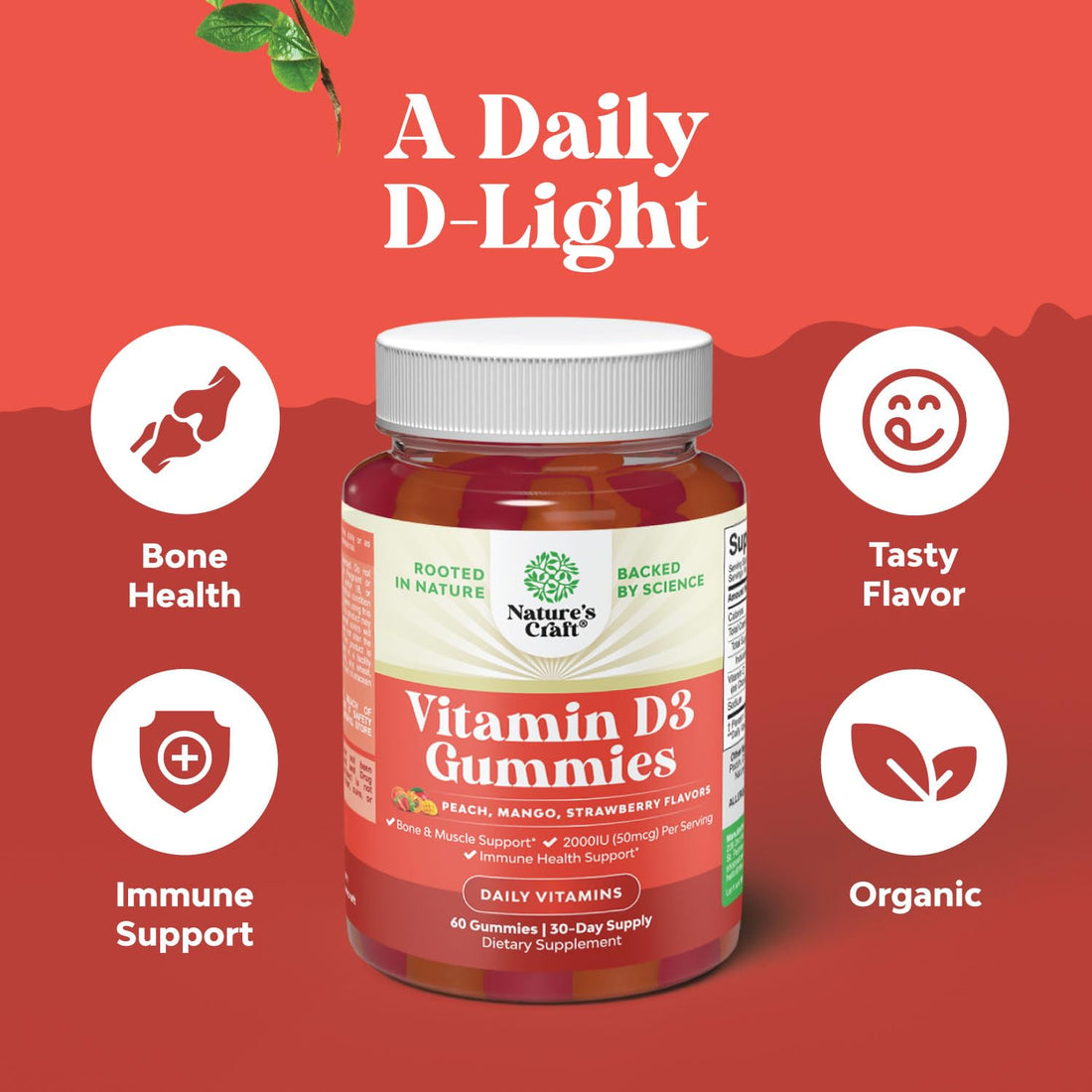 Natures Craft Vitamin D3 Gummies for Daily Wellness - Delicious D Adults with 2000IU per Serving Bone Muscle & Immune Support Non-GMO Gelatin Gluten Free (30 Day Supply)