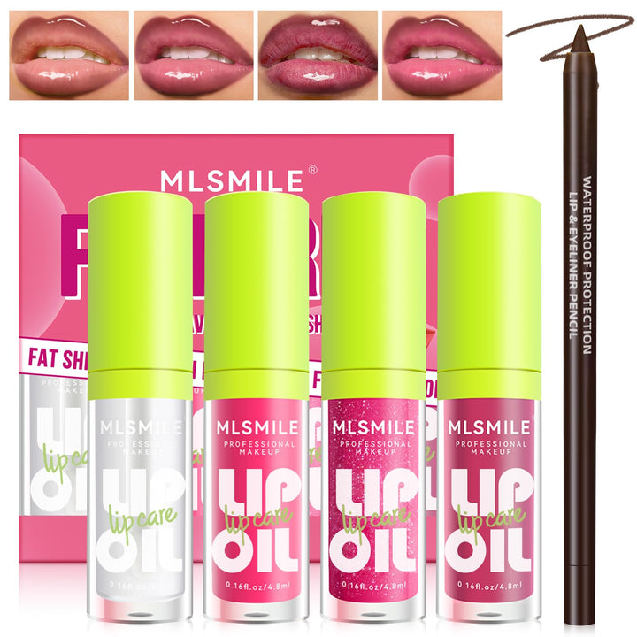 HOSAILY 4 Colors Hydrating Lip Oil Plumping + Lip Liner Set, Shiny Glow Reviver Lip Care Oil, Moisturizing Big Brush Head Clear Pink Glitter Transparent Lip Gloss Combo Makeup Present for Women