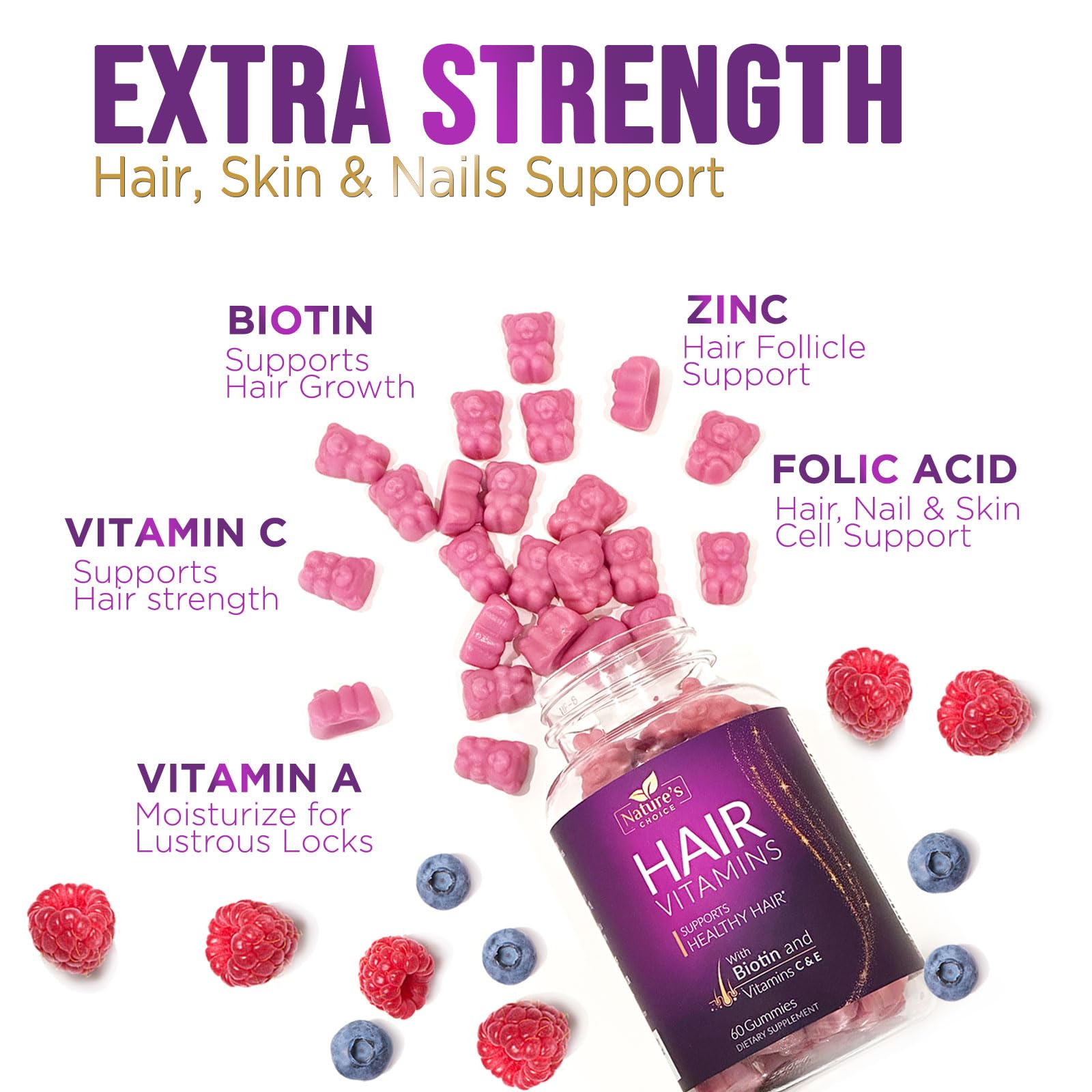 Hair Vitamins Gummies with Biotin 5000 mcg Vitamin E & C Support Hair Growth Gummy, Premium Vegetarian Non-GMO, for Stronger, Beautiful Hair, Skin & Nails, Biotin Gummies Supplement - 60 Gummy Bears