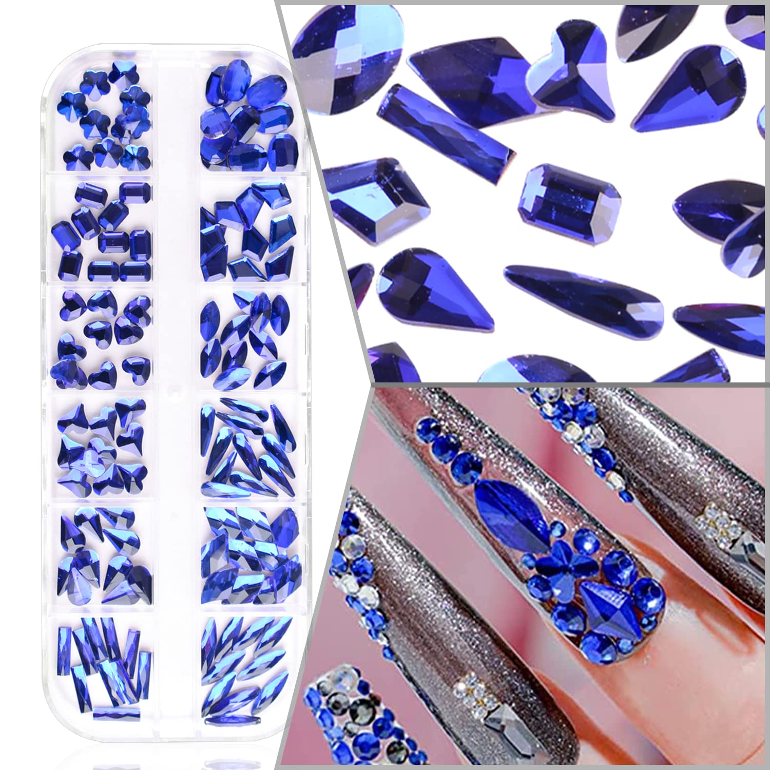 WOKOTO 2 Box Flat Back Blue Rhinestones For Nails Multi Shapes Big Nail Crystals Diamonds For Nails Nail Rhinestones 3d Nail Charms Stones For Nails Nail Art Rhinestones Sapphire Nail Gems Nail Art