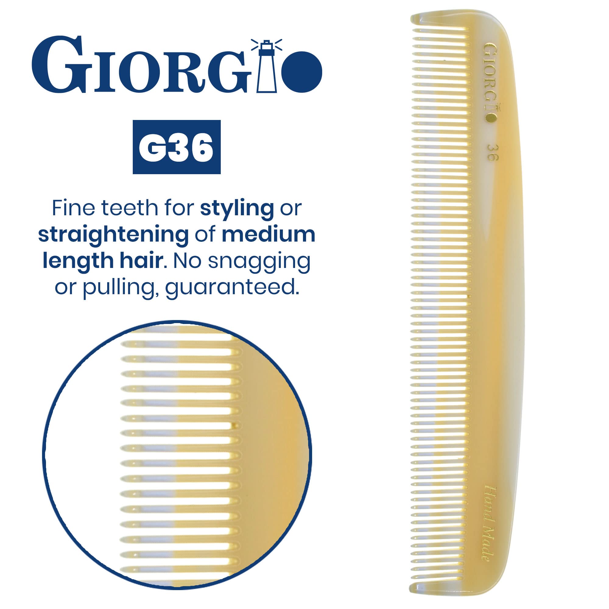Giorgio G36 Handmade All Fine Tooth Pocket Comb for Men, Hair Comb Straightener for Everyday Grooming Styling Hair, Mustache and Beard for Men Women and Kids, Use Wet or Dry, Saw Cut and Hand Polished