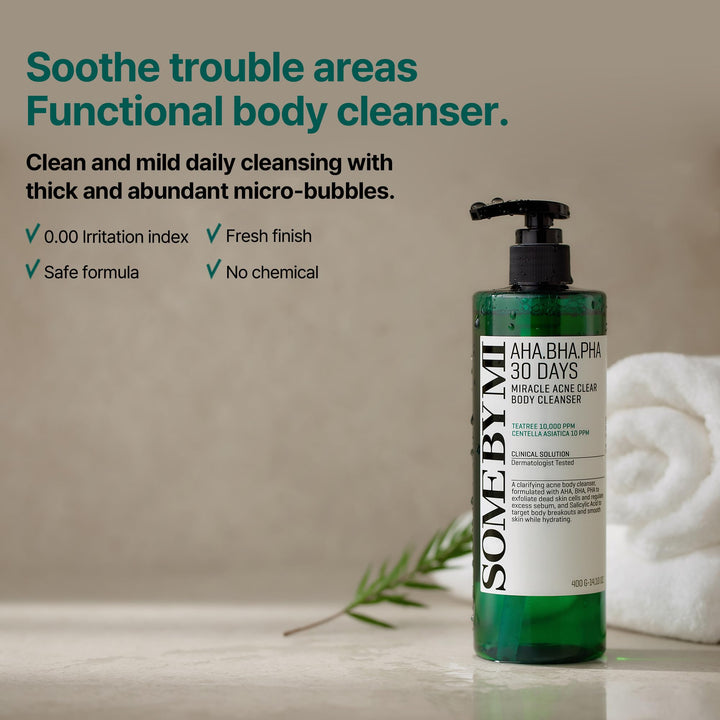 SOME BY MI AHA BHA PHA 30 Days Miracle Acne Clear Body Cleanser - 13.5oz, 400ml - Daily Exfoliating Tea Tree Acne Body Wash with Salicylic Acid - Deep Cleanses Sebum and Impurities - Korean Skin Care