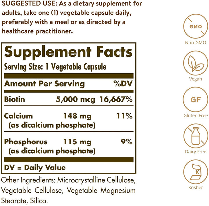 Solgar Biotin 5000 mcg - Supports Healthy Skin, Nails & Hair - Supports Energy Production & Metabolism - Vitamin B - Non-GMO, Vegan, Gluten Free - 180 Count