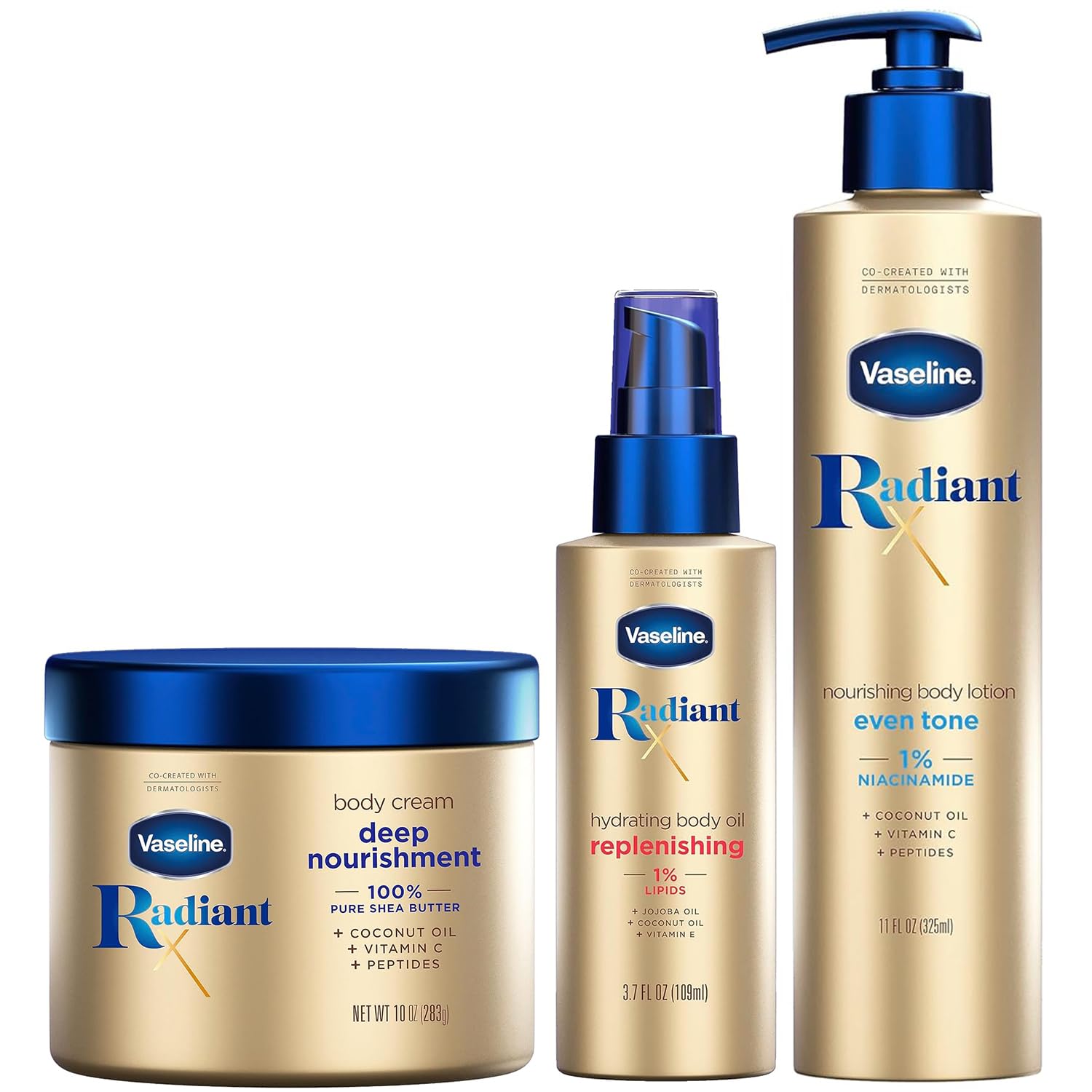 Vaseline Radiant X Skin Care Set –Even Tone Nourishing Body Lotion with 1% Niacinamide, Deep Nourishment Body Cream with Vitamin C + Hydrating Body Oil with Vitamin E (3 Piece Set)